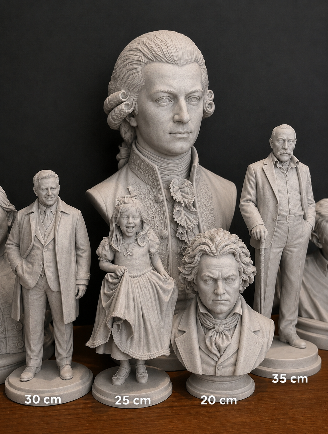 Comparison of sculpture sizes from 20 cm to 35 cm